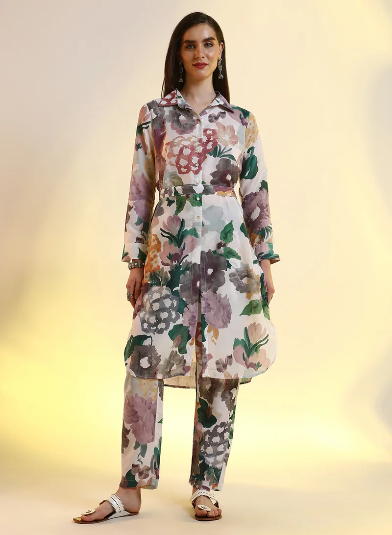  قصة Women's White & Purple Botanical Cluster Shirt Kurti With Trousers For Casual Wear | Spread Collar | Cuffed Sleeves | 2 Piece Kurta Set Designed With Comfort Fit For Everyday Ethnic Wear